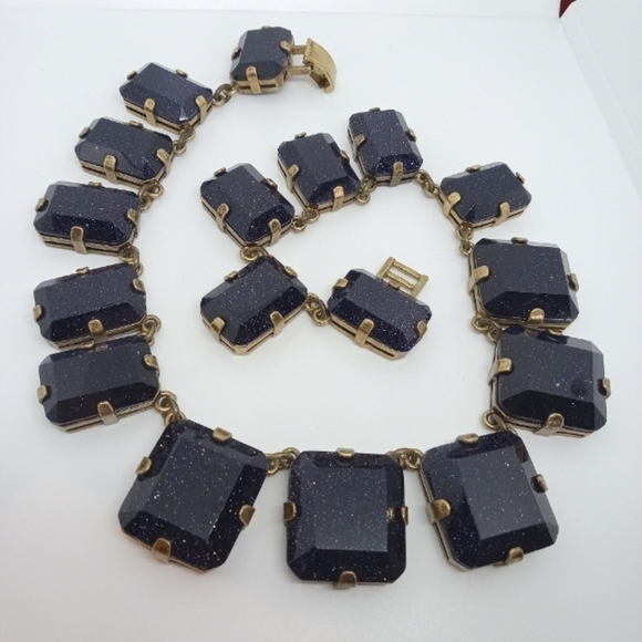 * vintage Blue Goldstone Glass Huge cabochons brass tone settings necklace 18" - Picture 1 of 5